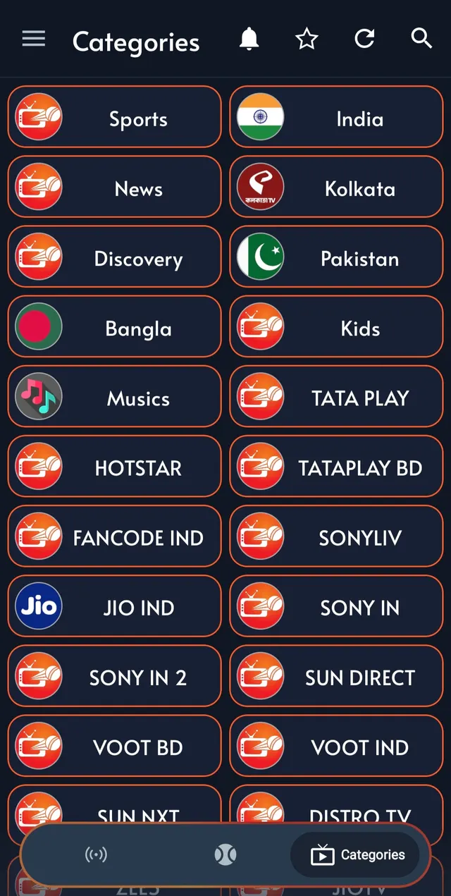 Cricfy TV categories including Sports, India, Pakistan and more