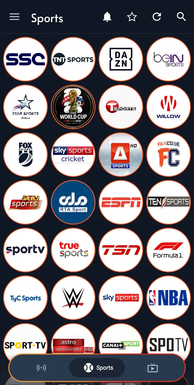 Cricfy TV sports channels including Star Sports, Fox Cricket, Sky Sports Cricket and Willow