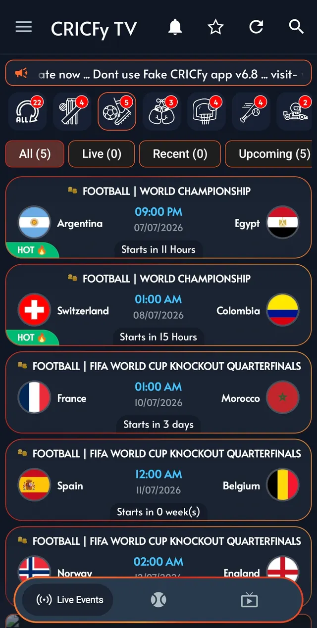 Cricfy TV Live Events tab with live and upcoming matches