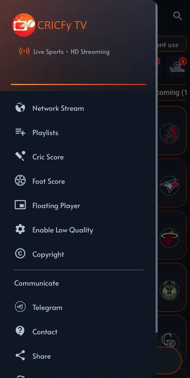 Cricfy TV menu showing Cric Score and Foot Score